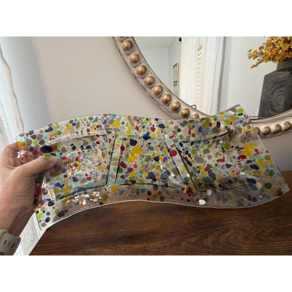 Fused Art‎ Glass Confetti Divided Serving Tray 3 Section Handmade 17